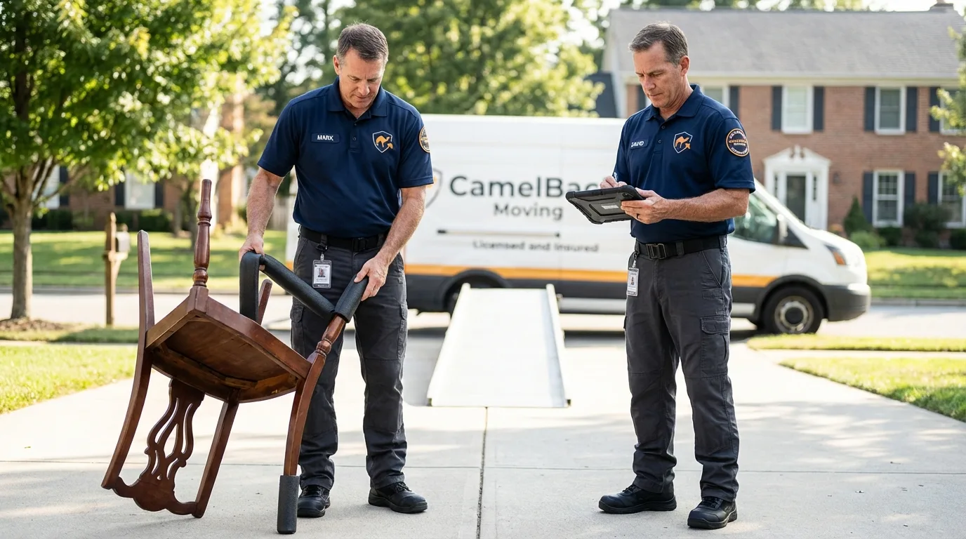 Movers inspecting furniture for damage prevention before loading in Wadesboro, NC