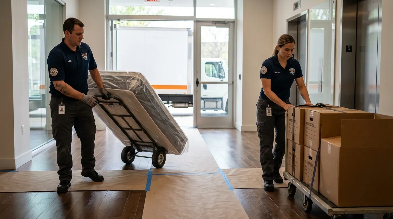 Professional apartment movers loading elevator in Wadesboro, NC