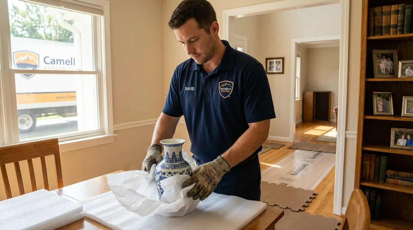 Professional crew carefully wrapping antique vase for senior downsizing move in Wadesboro, NC